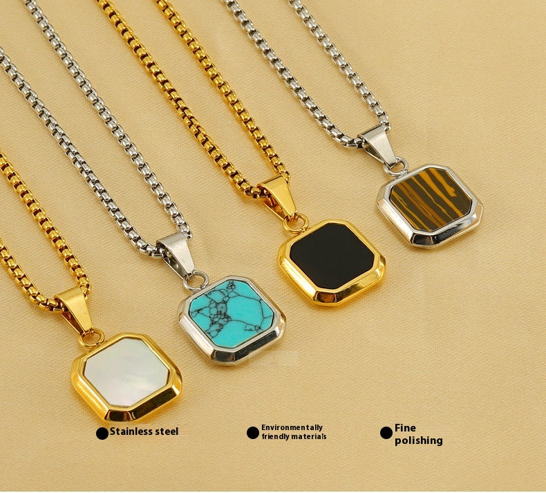 Titanium Steel Hip-hop Turquoise Square Pendant Necklace